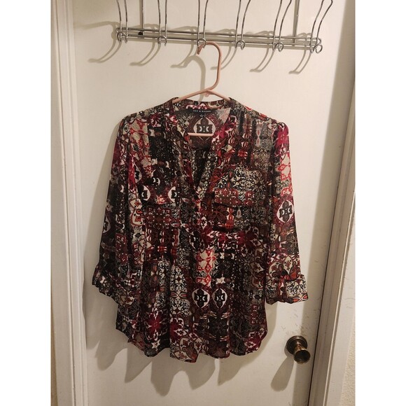 Zac‎ & Rachel Sheer Red/Black  Blouse w/ Pockets Top 3/4 Sleeve Button Down Top. - Picture 1 of 9